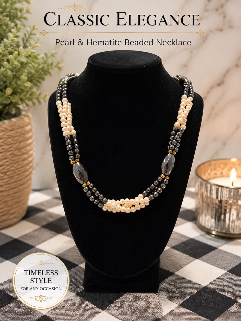 Multi-Strand Faux Pearl & Hematite Beaded Necklace